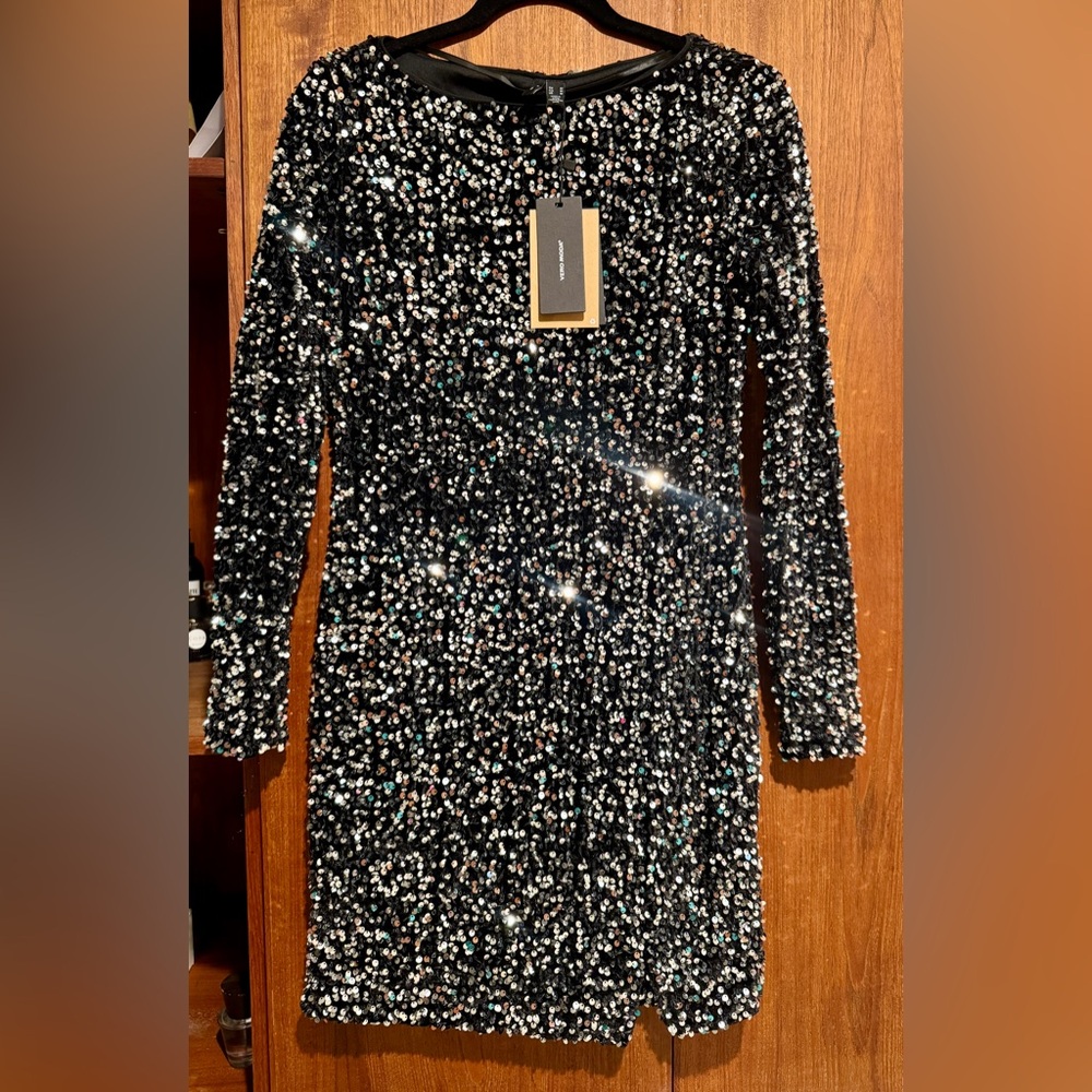 NWT Vero Moda VMBella Black Silver Sequin Long Sleeve Mini Dress Size M